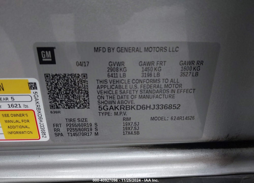 2017 BUICK ENCLAVE LEATHER VIN: 5GAKRBKD6HJ336852