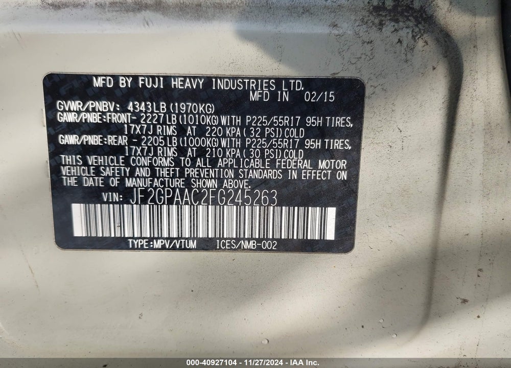 2015 SUBARU XV CROSSTREK 2.0I VIN: JF2GPAAC2FG245263