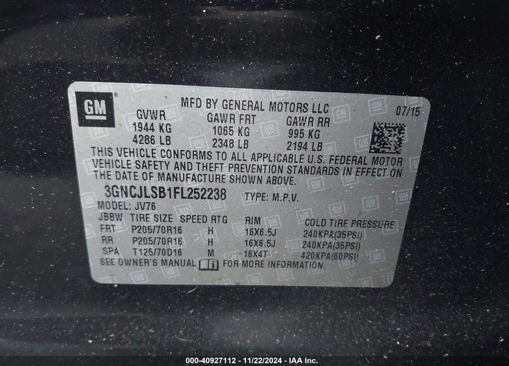 2015 CHEVROLET TRAX LT VIN: 3GNCJLSB1FL252238