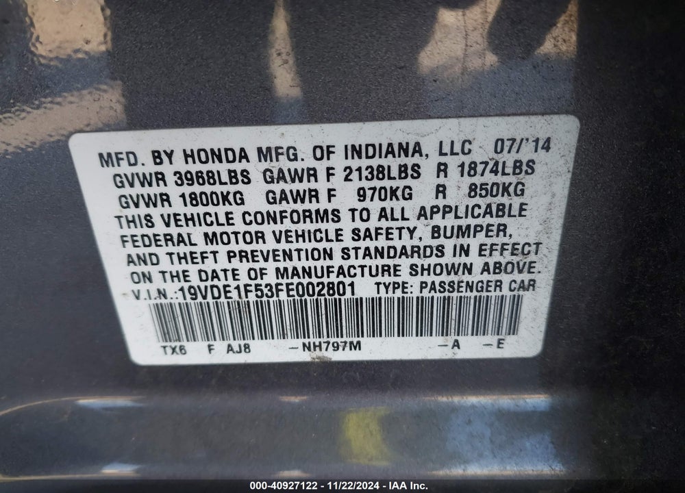2015 ACURA ILX 2.0L VIN: 19VDE1F53FE002801