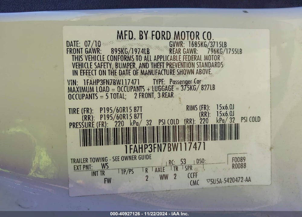 2011 FORD FOCUS SE VIN: 1FAHP3FN7BW117471