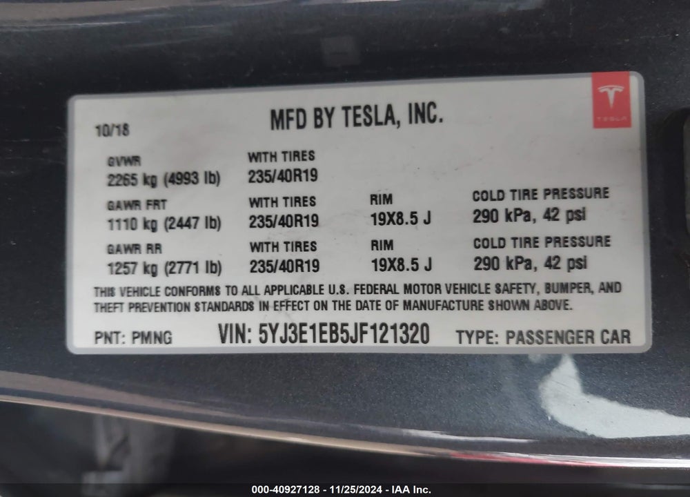 2018 TESLA MODEL 3 LONG RANGE/PERFORMANCE VIN: 5YJ3E1EB5JF121320