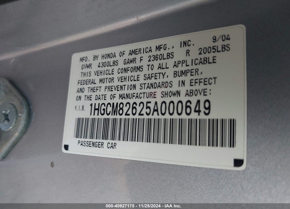 2005 HONDA ACCORD 3.0 EX VIN: 1HGCM82625A000649