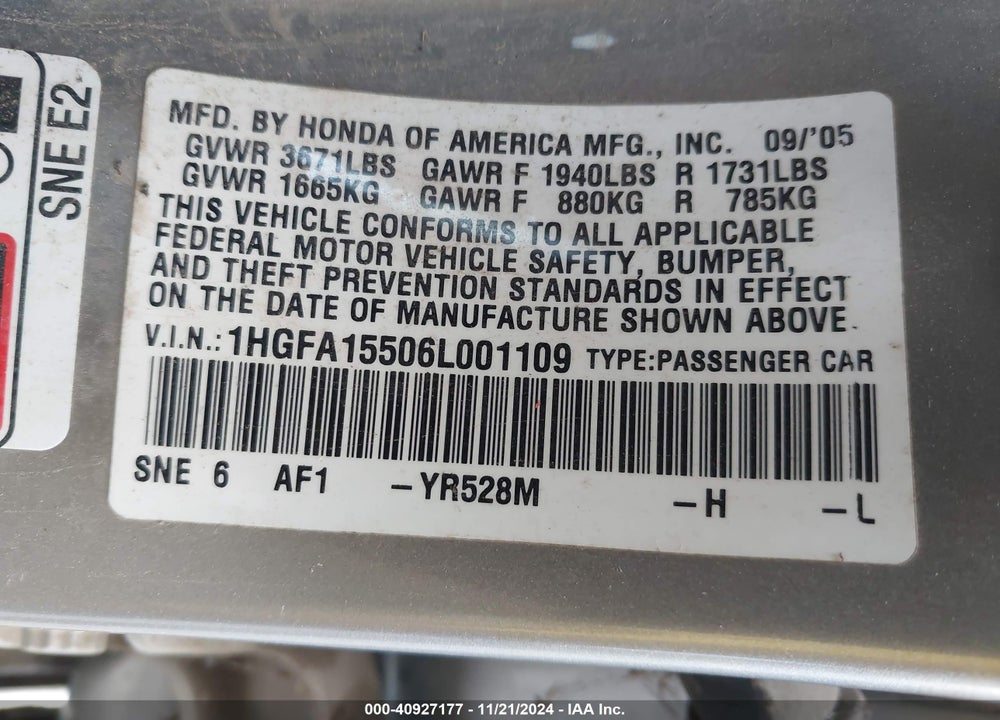 2006 HONDA CIVIC LX VIN: 1HGFA15506L001109