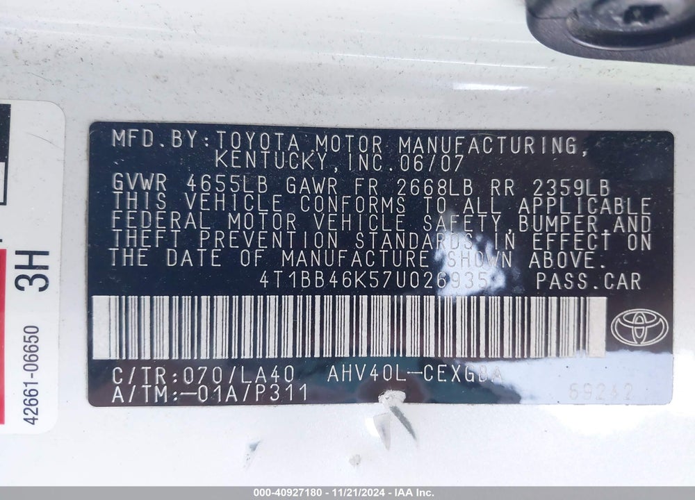 2007 TOYOTA CAMRY HYBRID VIN: 4T1BB46K57U026935