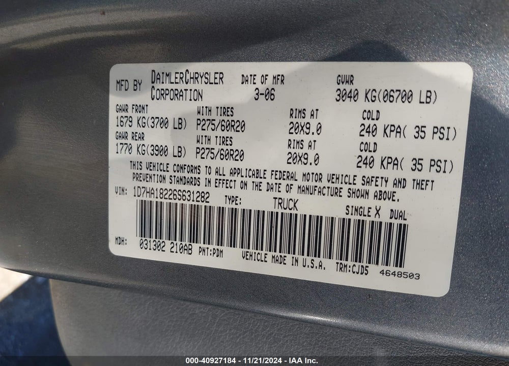 2006 DODGE RAM 1500 SLT VIN: 1D7HA18226S631282
