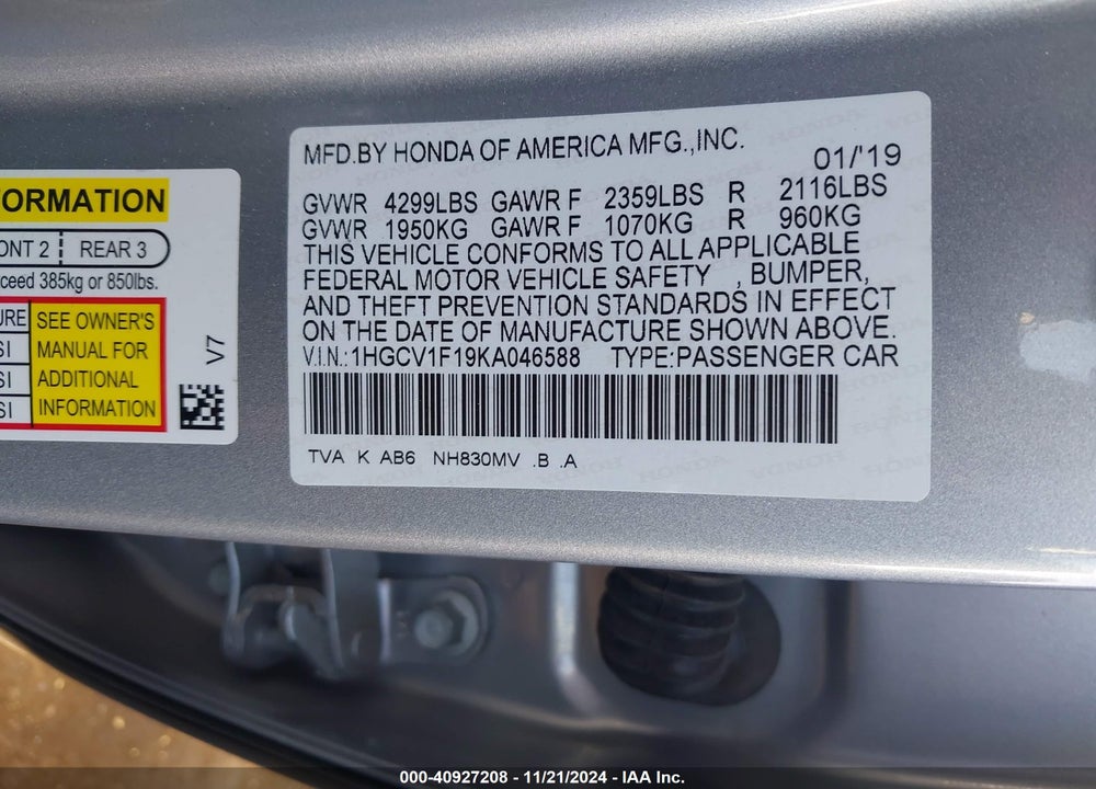 2019 HONDA ACCORD LX VIN: 1HGCV1F19KA046588