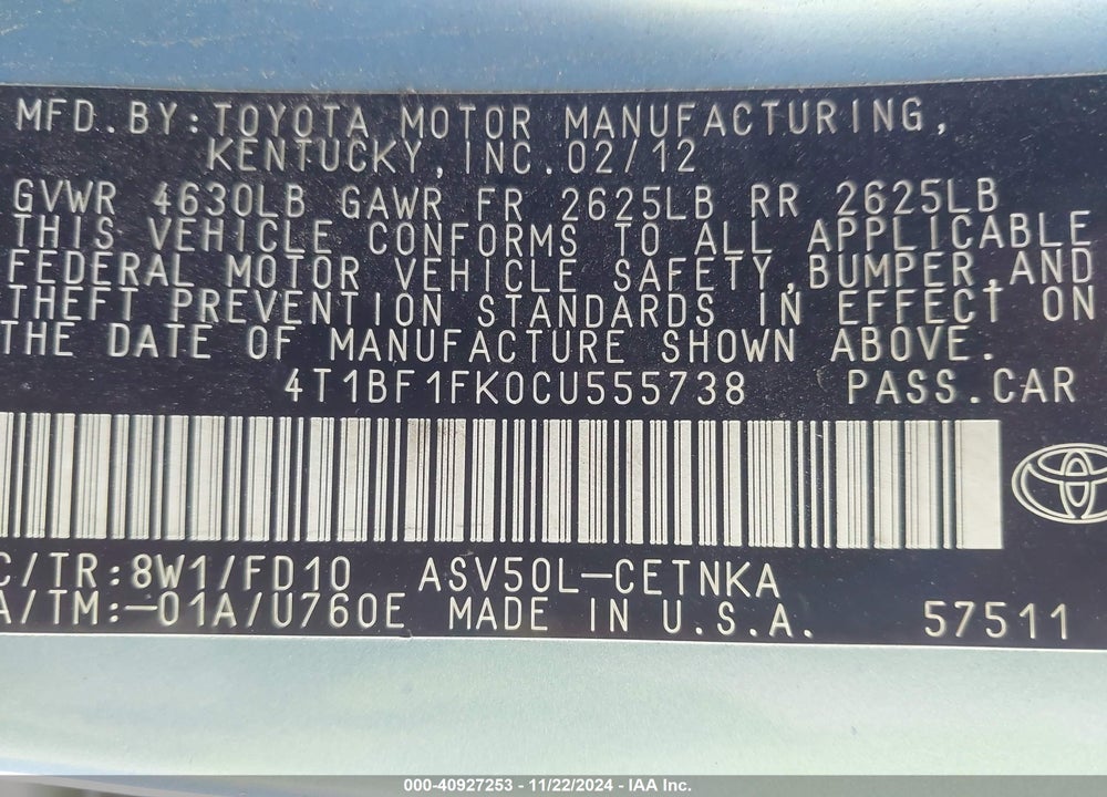 2012 TOYOTA CAMRY LE VIN: 4T1BF1FK0CU555738