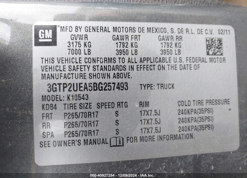 2011 GMC SIERRA 1500 SL VIN: 3GTP2UEA5BG257493