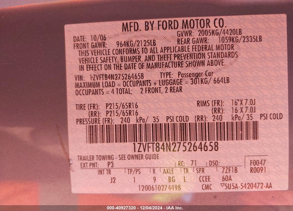 2007 FORD MUSTANG V6 DELUXE/V6 PREMIUM VIN: 1ZVFT84N275264658