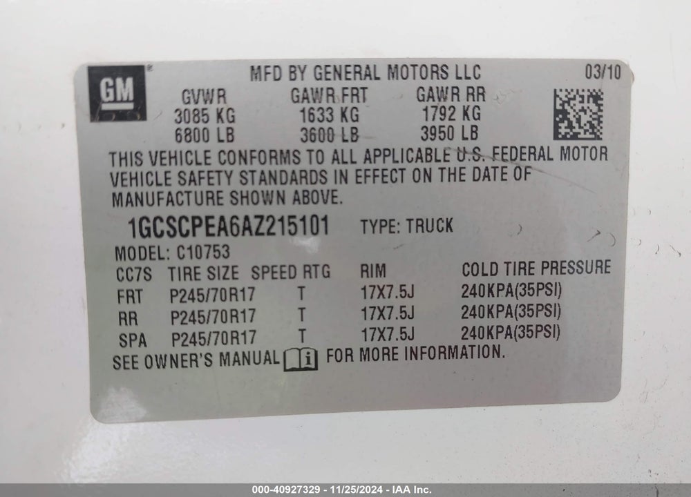 2010 CHEVROLET SILVERADO 1500 WORK TRUCK VIN: 1GCSCPEA6AZ215101