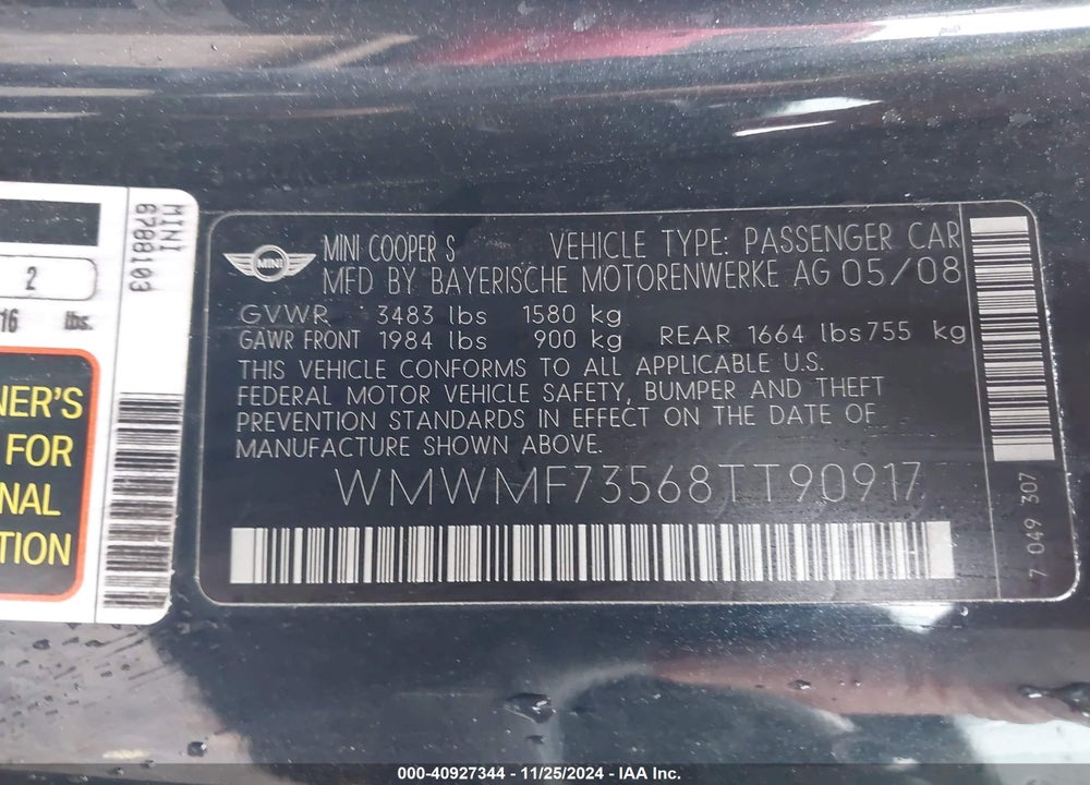 2008 MINI COOPER S VIN: WMWMF73568TT90917