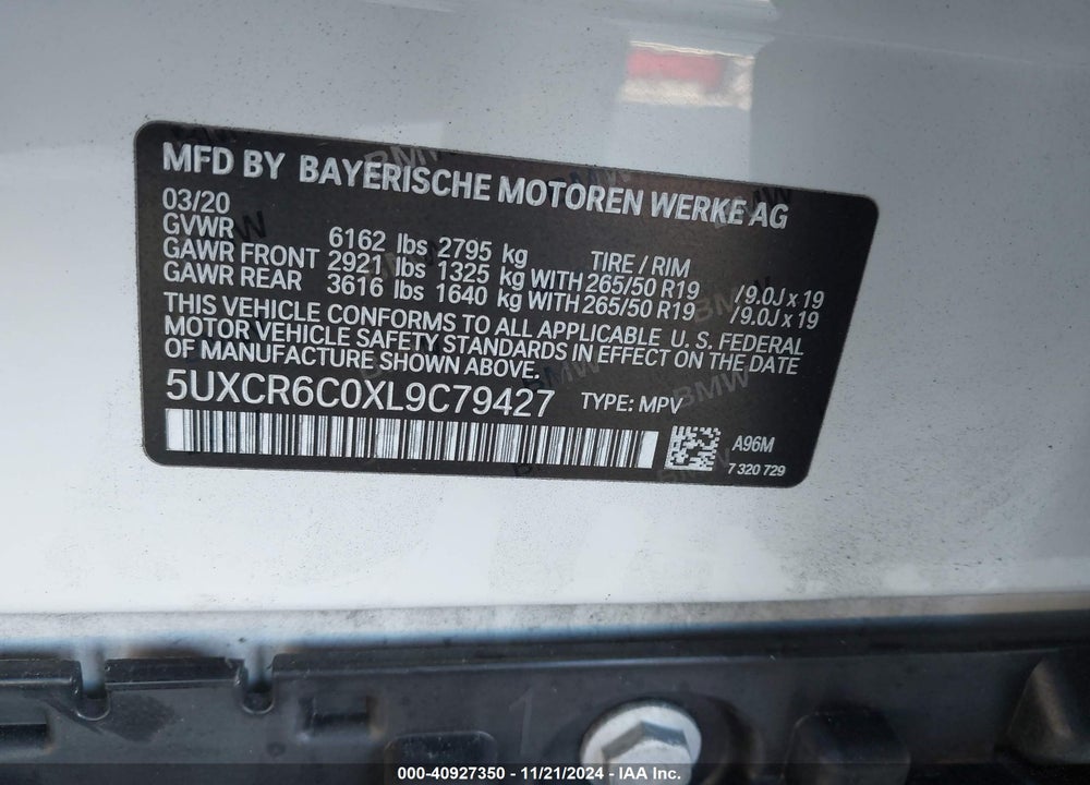 2020 BMW X5 XDRIVE40I VIN: 5UXCR6C0XL9C79427