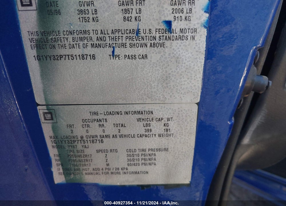 1996 CHEVROLET CORVETTE VIN: 1G1YY32P7T5118716