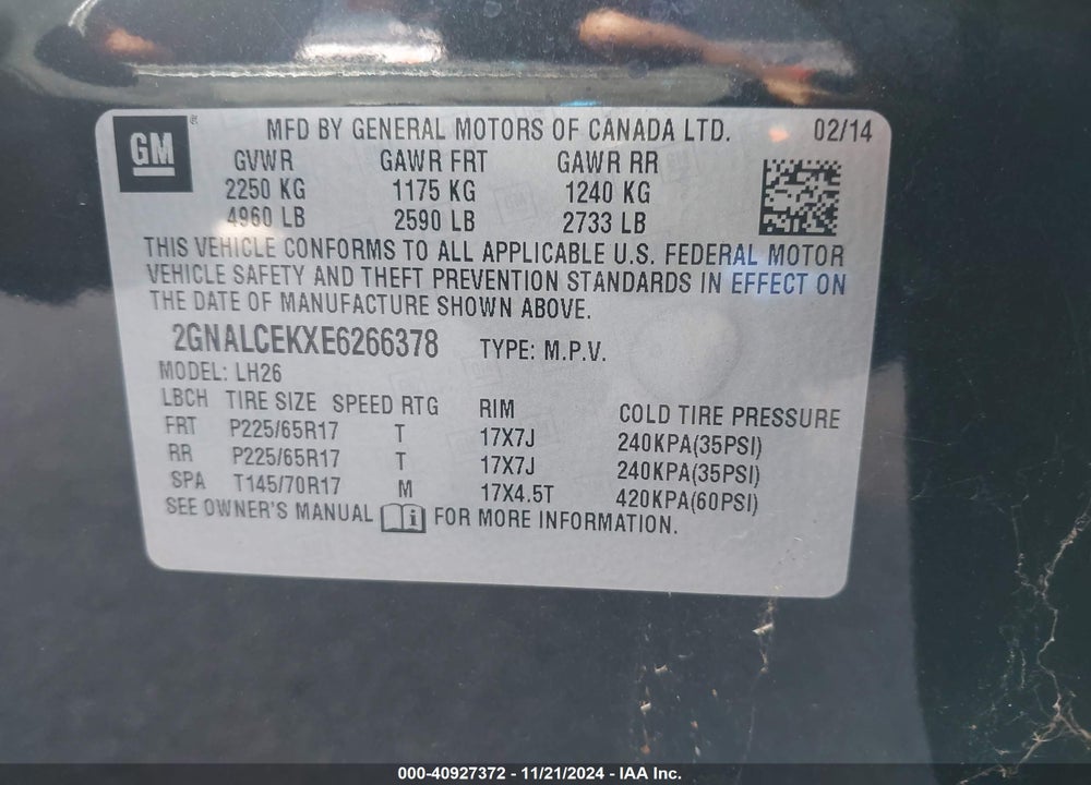 2014 CHEVROLET EQUINOX 2LT VIN: 2GNALCEKXE6266378