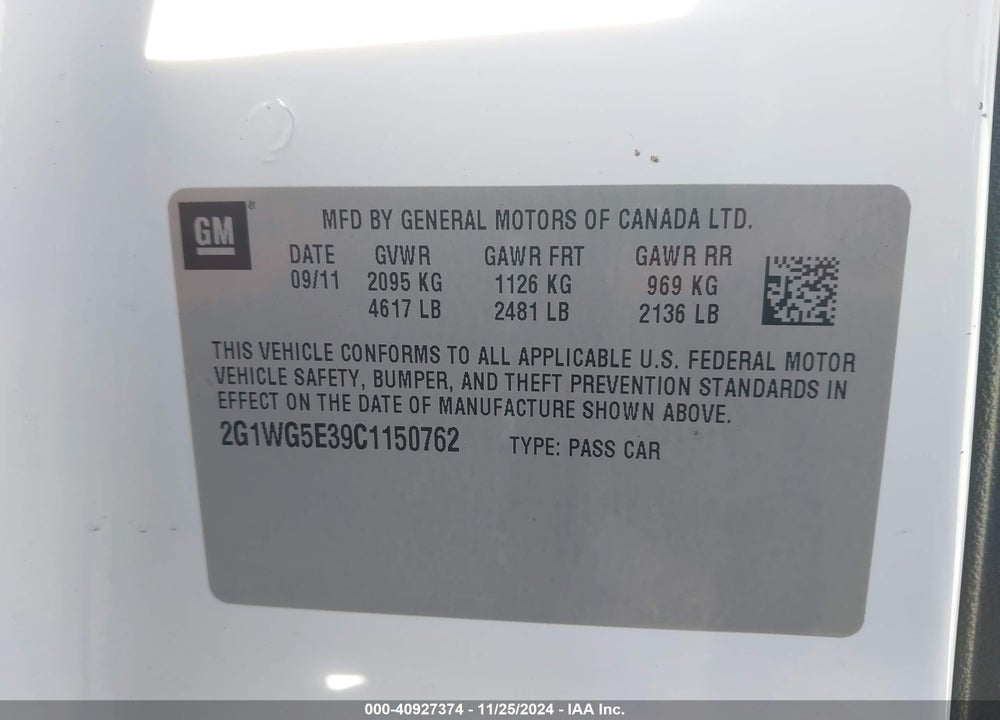 2012 CHEVROLET IMPALA LT VIN: 2G1WG5E39C1150762