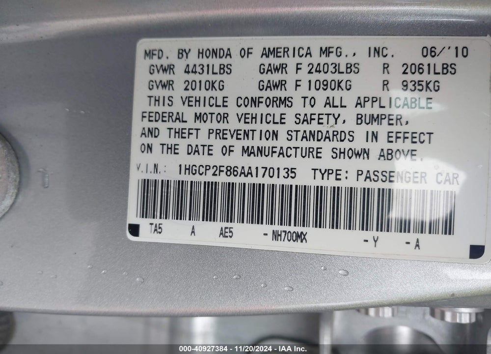 2010 HONDA ACCORD 2.4 EX-L VIN: 1HGCP2F86AA170135