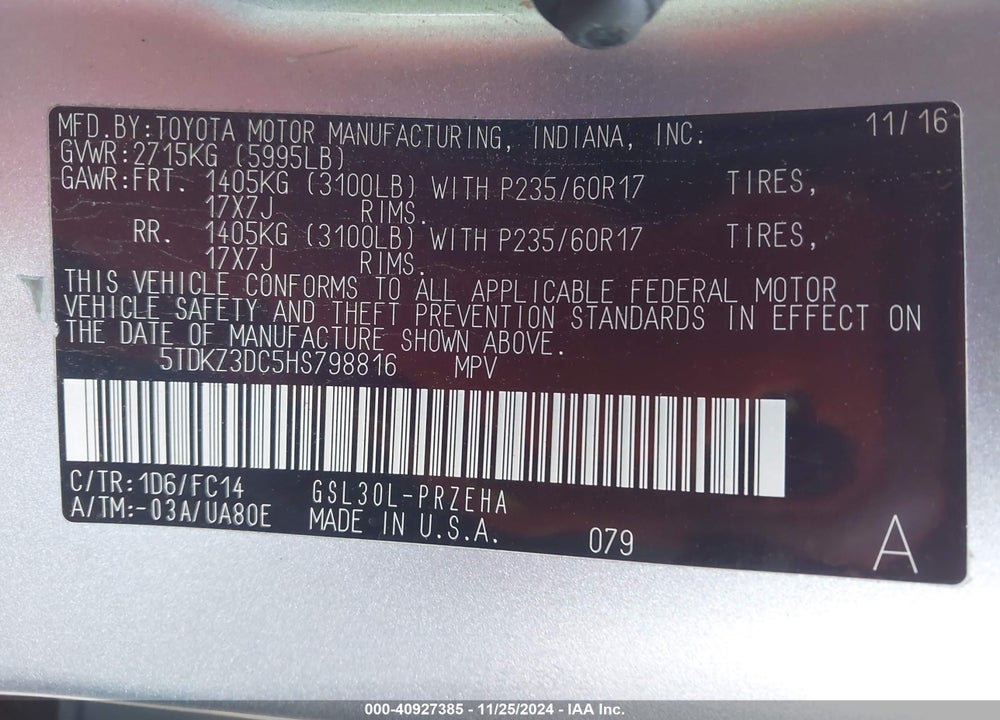 2017 TOYOTA SIENNA LE 8 PASSENGER VIN: 5TDKZ3DC5HS798816