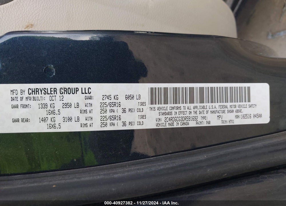 2013 DODGE GRAND CARAVAN SXT VIN: 2C4RDGCG3DR591692