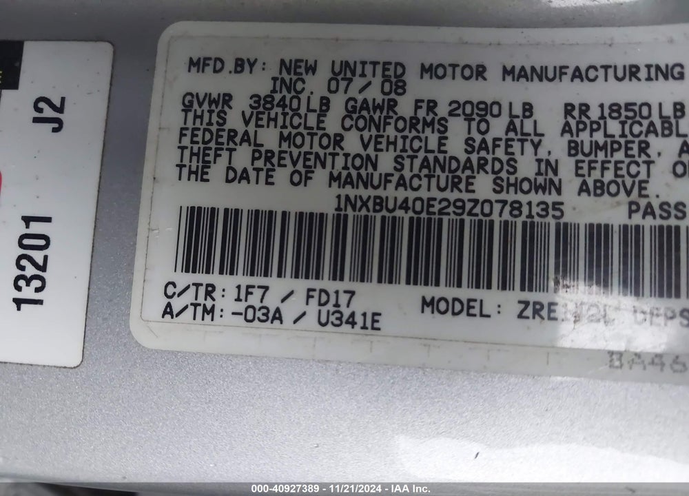 2009 TOYOTA COROLLA S VIN: 1NXBU40E29Z078135