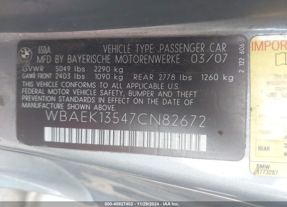 2007 BMW 650I VIN: WBAEK13547CN82672