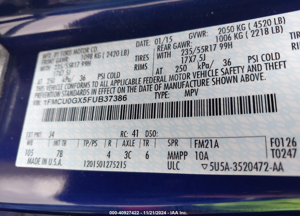2015 FORD ESCAPE SE VIN: 1FMCU0GX5FUB37386