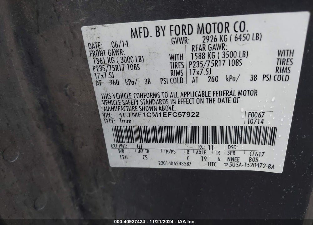 2014 FORD F-150 XL VIN: 1FTMF1CM1EFC57922