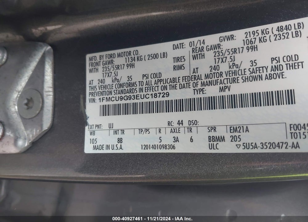 2014 FORD ESCAPE SE VIN: 1FMCU9G93EUC18729