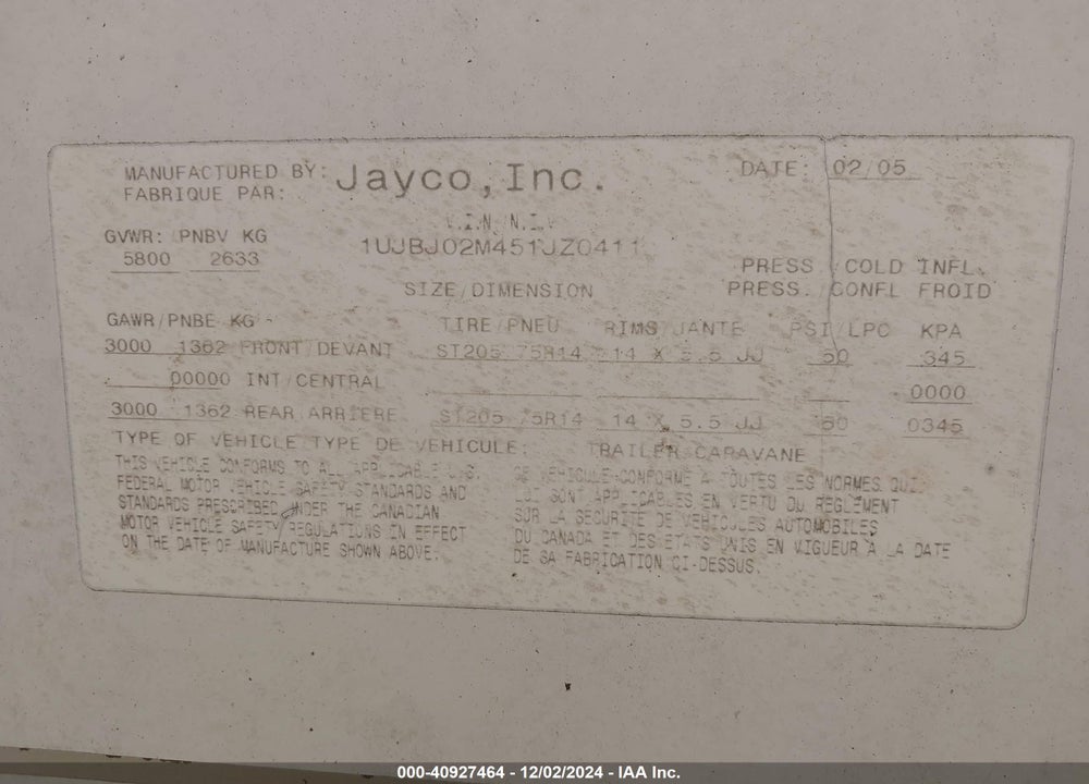 2005 JAYCO OTHER VIN: 1UJBJ02M45LJZ0411