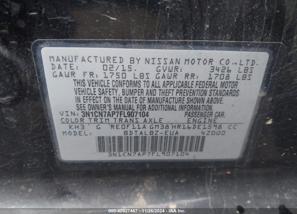 2015 NISSAN VERSA 1.6 S/1.6 S+/1.6 SL/1.6 SV VIN: 3N1CN7AP7FL907104