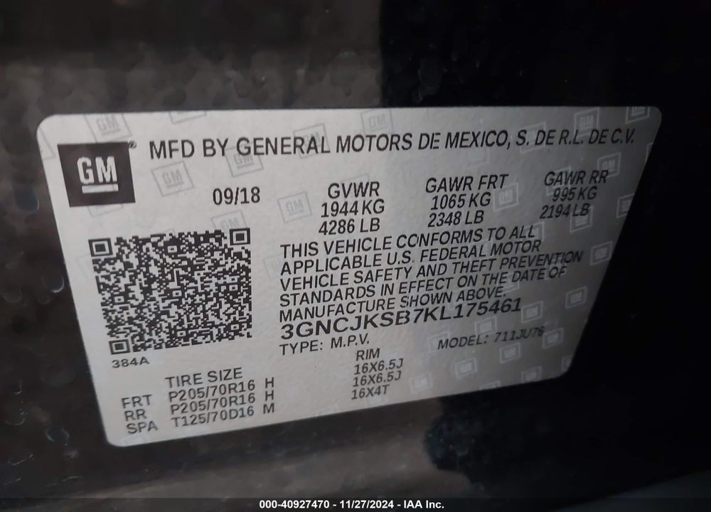 2019 CHEVROLET TRAX LS VIN: 3GNCJKSB7KL175461
