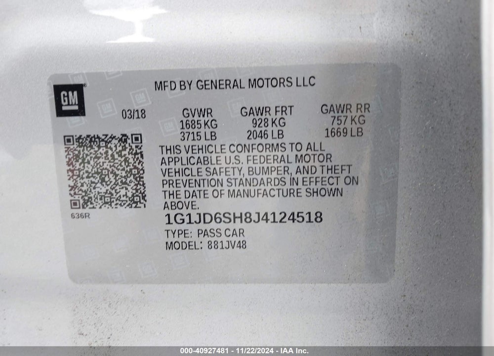 2018 CHEVROLET SONIC LT AUTO VIN: 1G1JD6SH8J4124518