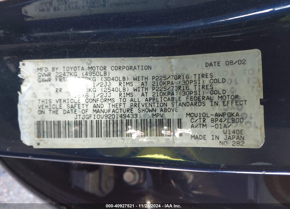 2002 LEXUS RX 300 VIN: JTJGF10U920149433