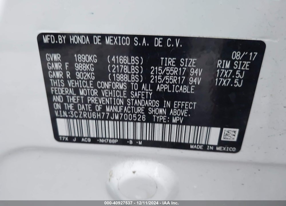 2018 HONDA HR-V EX-L VIN: 3CZRU6H77JM700526
