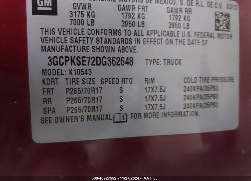 2013 CHEVROLET SILVERADO 1500 LT VIN: 3GCPKSE72DG362648
