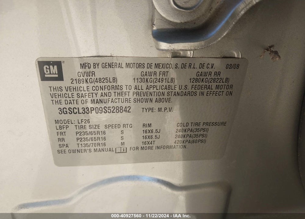 2009 SATURN VUE 4-CYL XE VIN: 3GSCL33P09S528842