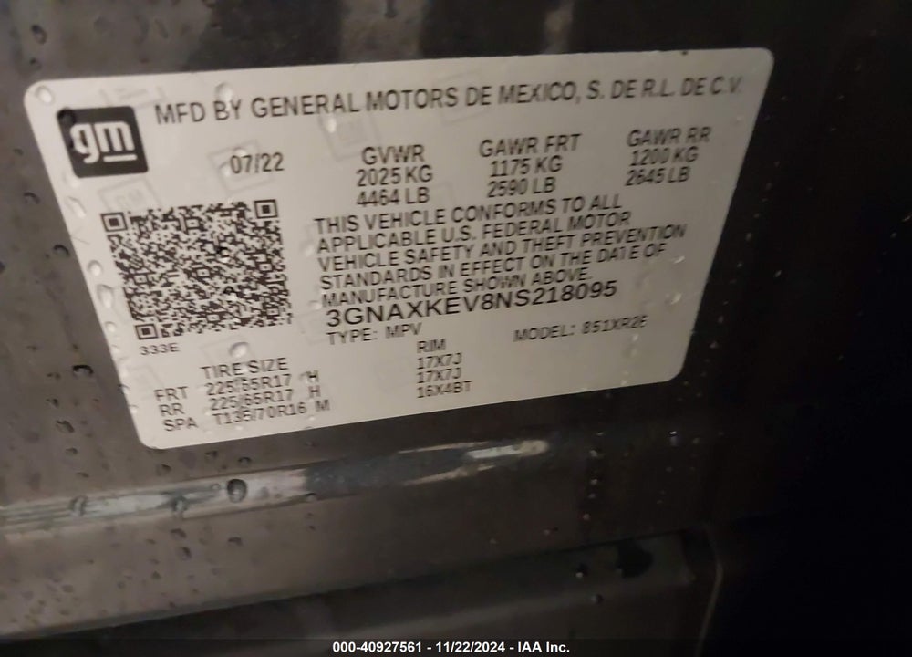 2022 CHEVROLET EQUINOX FWD LT VIN: 3GNAXKEV8NS218095