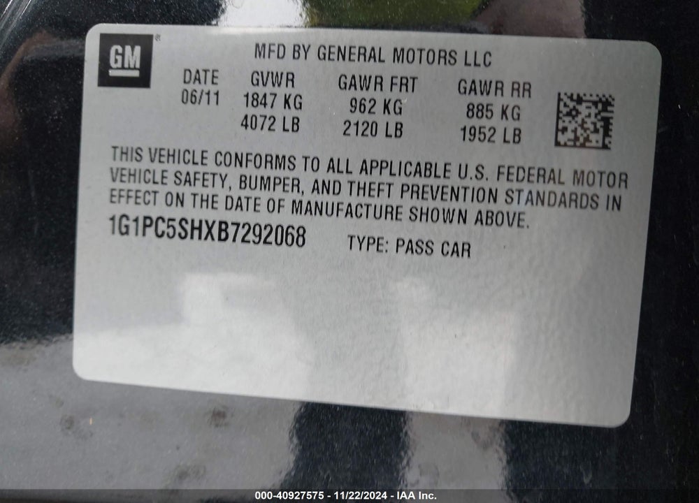 2011 CHEVROLET CRUZE LS VIN: 1G1PC5SHXB7292068