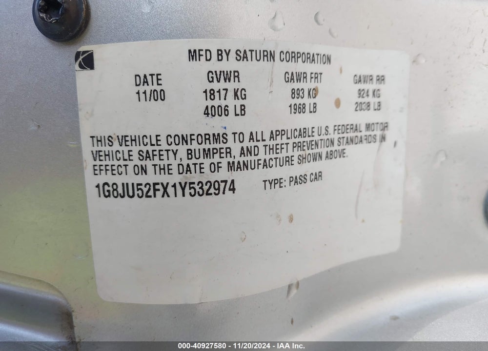 2001 SATURN L200 VIN: 1G8JU52FX1Y532974