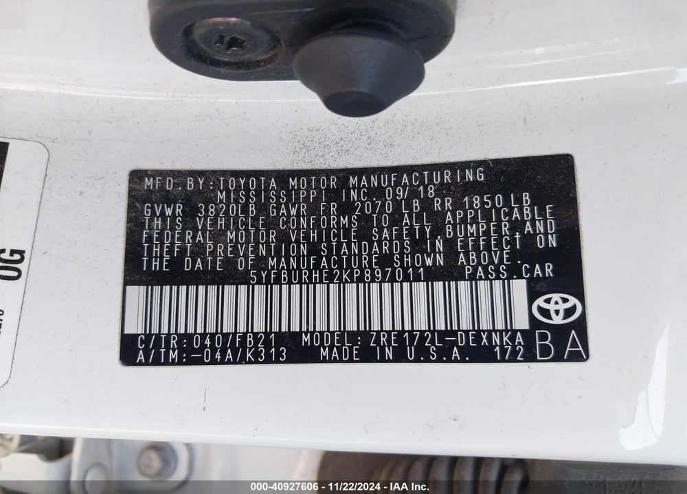 2019 TOYOTA COROLLA LE VIN: 5YFBURHE2KP897011