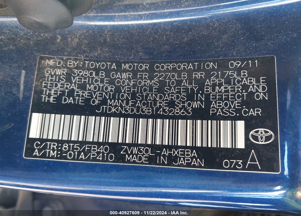 2011 TOYOTA PRIUS TWO VIN: JTDKN3DU3B1432863