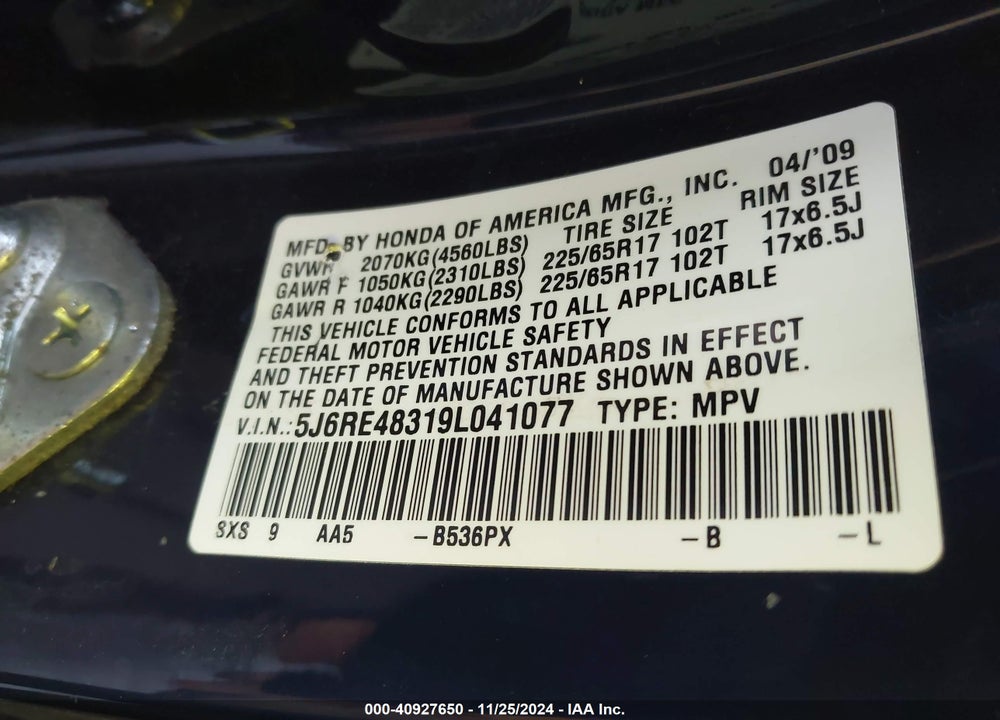 2009 HONDA CR-V LX VIN: 5J6RE48319L041077
