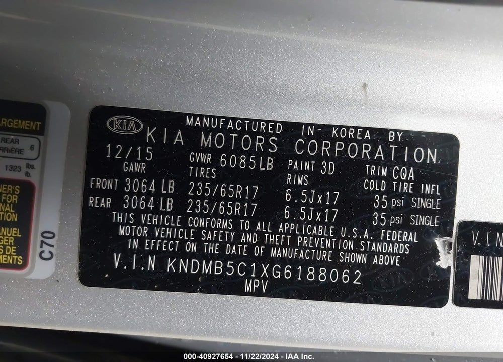 2016 KIA SEDONA LX VIN: KNDMB5C1XG6188062