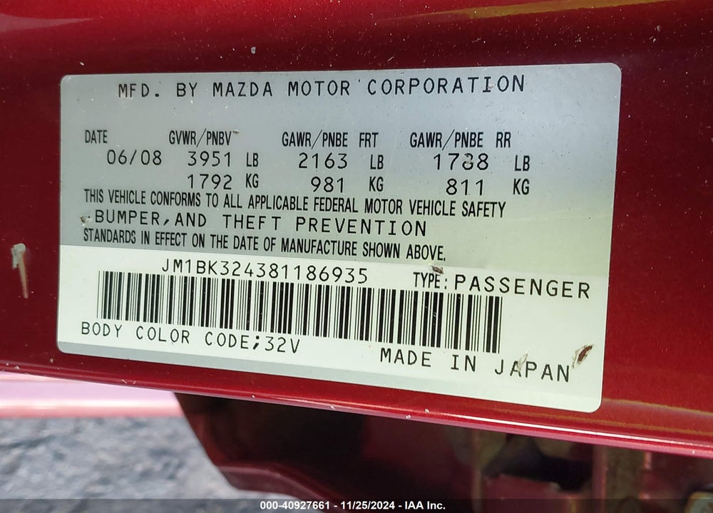 2008 MAZDA 3 S TOURING VIN: JM1BK324381186935