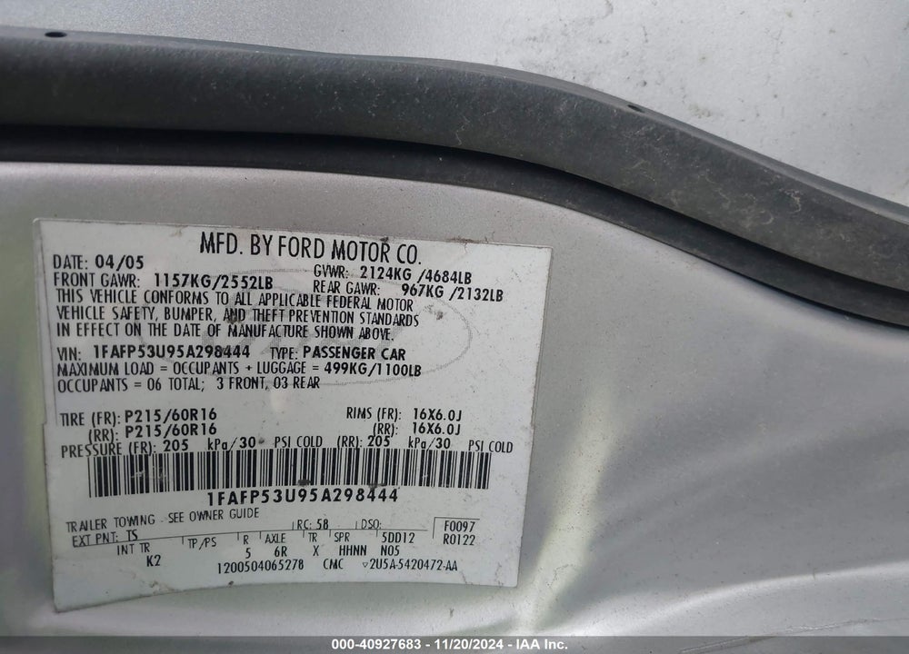 2005 FORD TAURUS SE VIN: 1FAFP53U95A298444