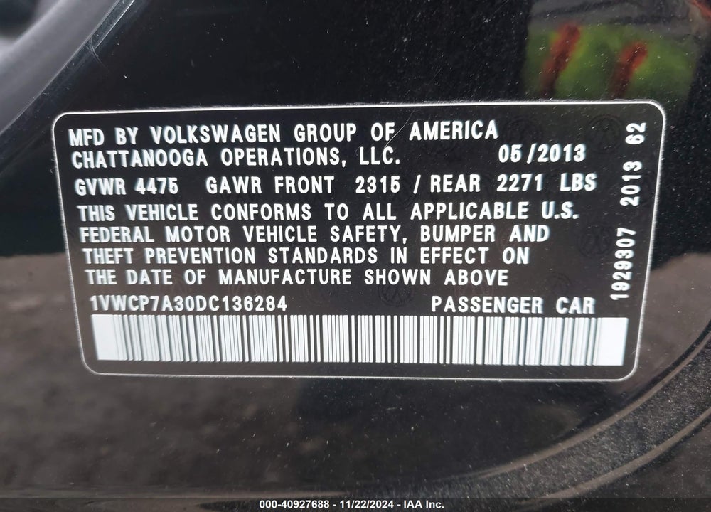 2013 VOLKSWAGEN PASSAT 2.5L SEL PREMIUM VIN: 1VWCP7A30DC136284