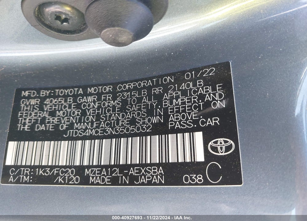2022 TOYOTA COROLLA SE VIN: JTDS4MCE3N3505032