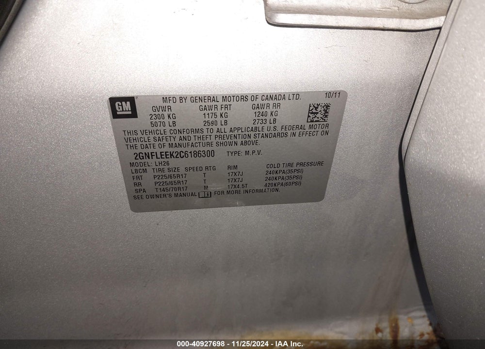 2012 CHEVROLET EQUINOX 1LT VIN: 2GNFLEEK2C6186300