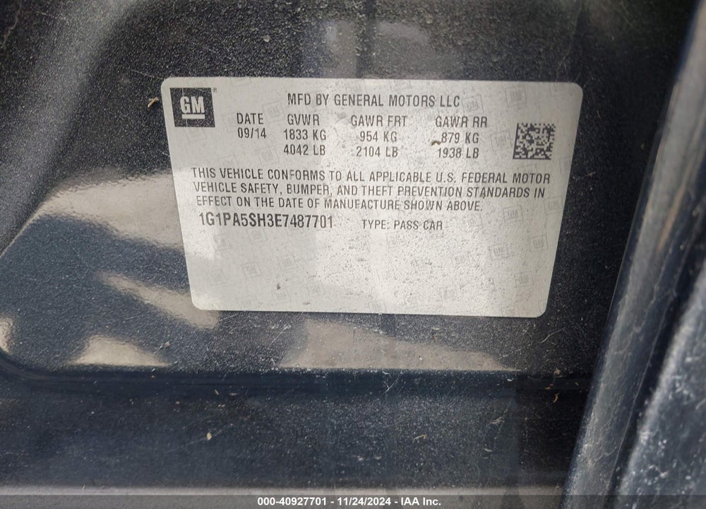 2014 CHEVROLET CRUZE LS AUTO VIN: 1G1PA5SH3E7487701