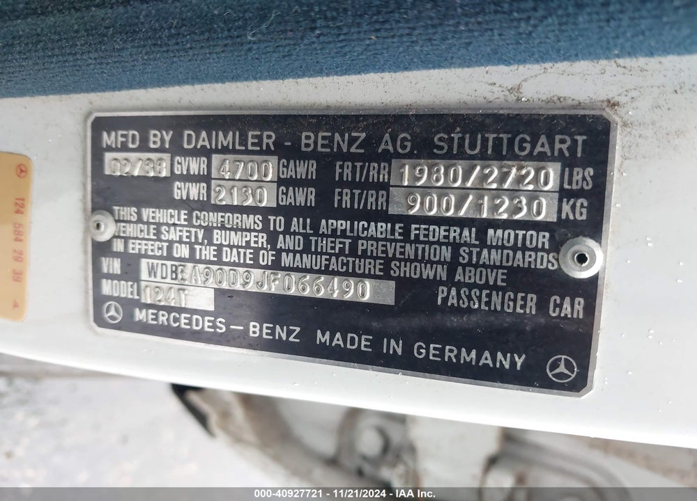 1988 MERCEDES-BENZ 300 TE VIN: WDBEA90D9JF066490